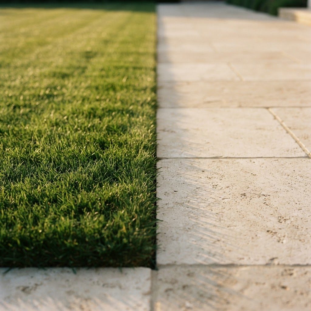 Crisp lawn edge against limestone pavers