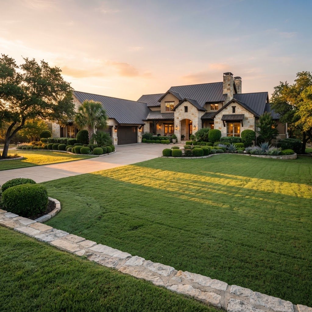 Manicured front lawn of a Texas limestone home